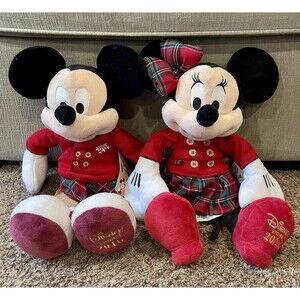Disney Store 2016 Mickey & Minnie Mouse Holiday Plush Set Red Tartan Plaid NWT